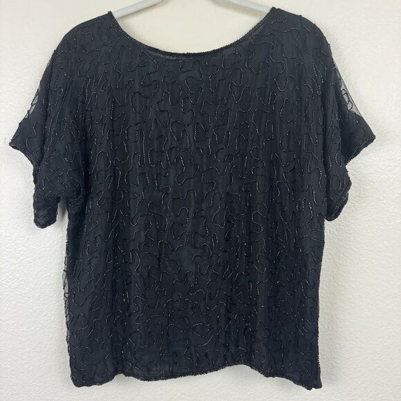 Vintage Elegance By Anujan Beaded Sequin Short Sleeve Silk Blouse Black Medium - Picture 9 of 15